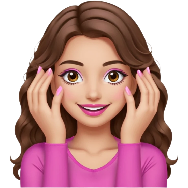 girl with long wavy brown hair, brown eyes, long lashes, sexy pink lips, light to medium complexion, wearing a pink sexy top, smiling, hands covering over the eyes emoji