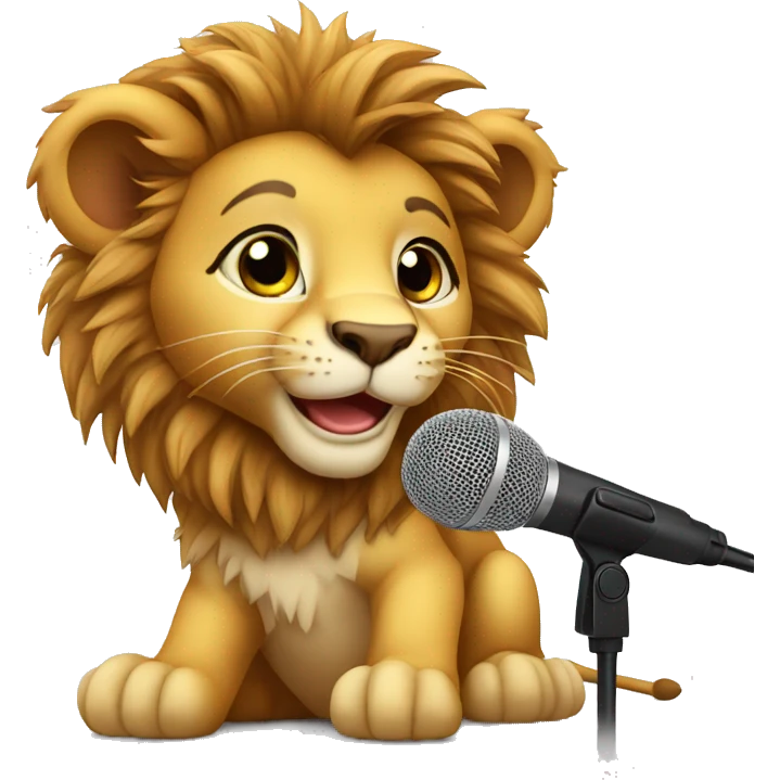 Baby lion in audio studio with microphone emoji