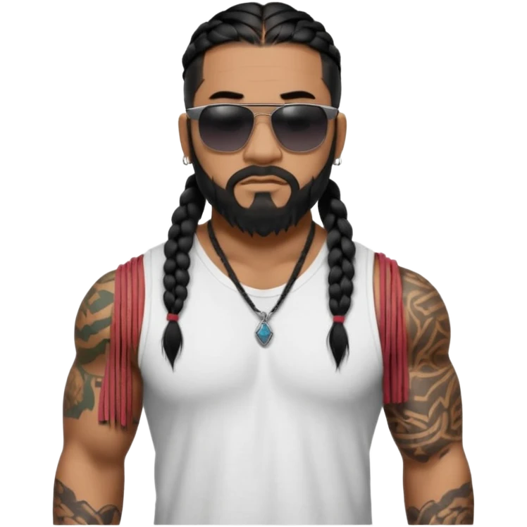 Samoan male. Chin beard only.
Untucked loose fitting white t-shirt. 
long black braided hair.
very muscular.
Even More tattoos. 
Tough and menacing.
Dark black square sunglasses. emoji