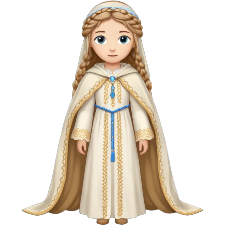 Joven de unos 20 años, de aspecto dulce y elegante.
Piel clara, ojos (pueden ser azules o verdes)
Rubio o castaño claro, largo, con trenzas o velo.
Vestido largo de tonos suaves (blanco, azul o lavanda), con bordados dorados; un manto o toca fina cubriendo la cabeza. Haz todo el cuerpo emoji
