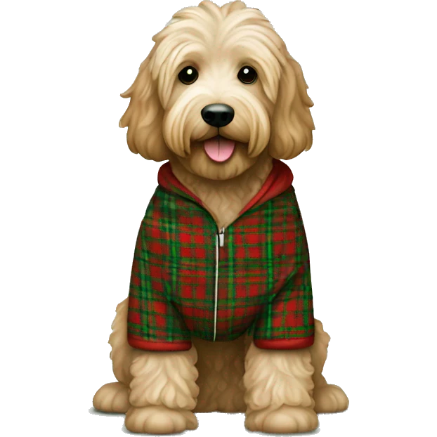 Labradoodle in a white green and red tartan onesie emoji