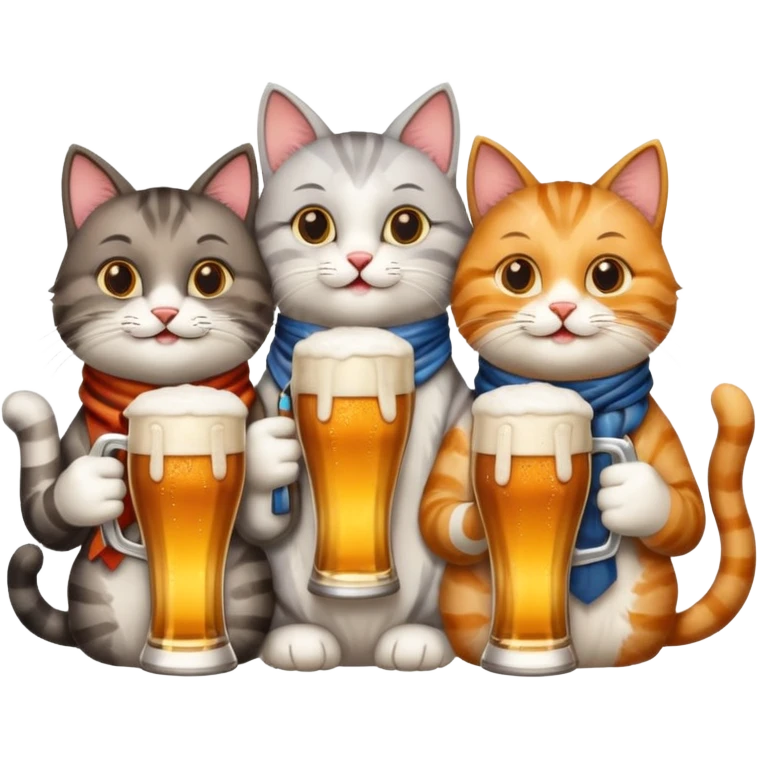four happy cats drinking beers together with frothy beer glasses emoji