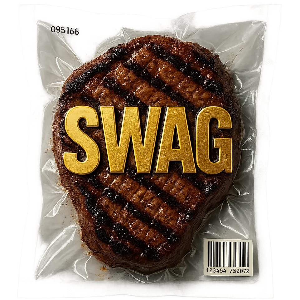 grilled steak with bold gold 'SWAG' letters, glossy vacuum-sealed style emoji