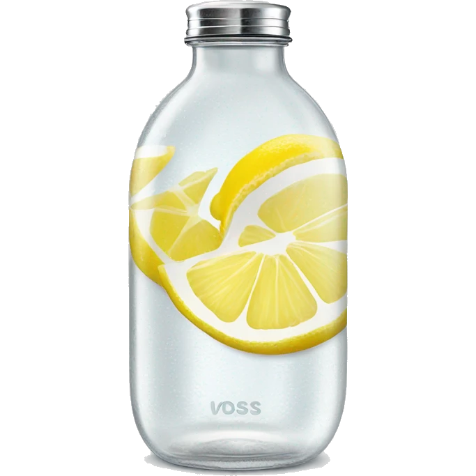 voss branded glass water bottle with lemon slices inside hyperrealistic soft textures and fine details emoji