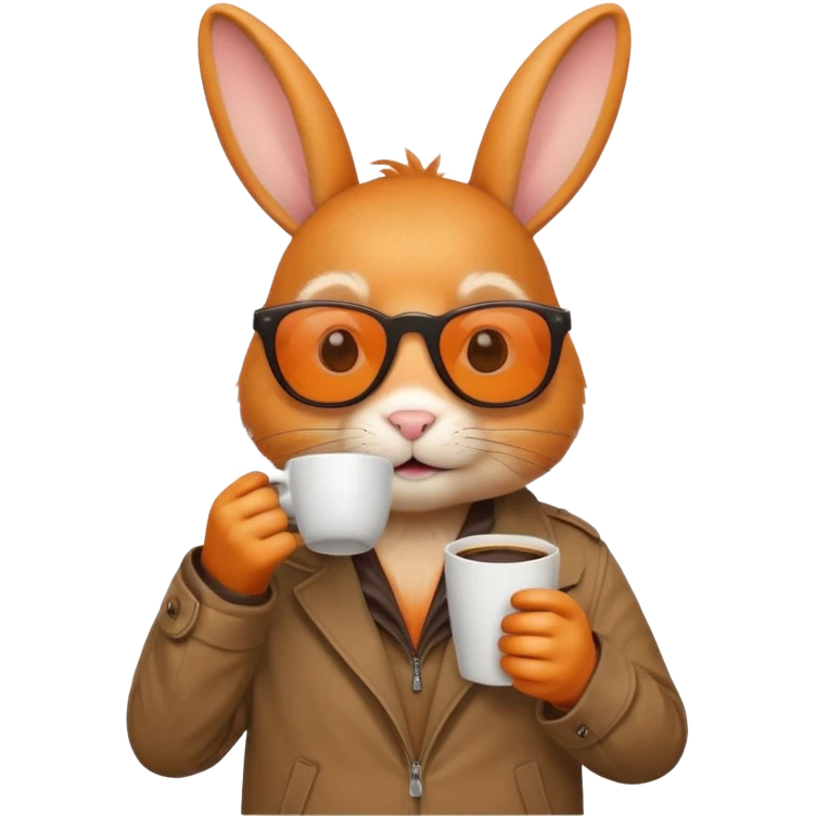 Orange rabbit, wearing brown jacket, sunglasses, holding coffee mug emoji
