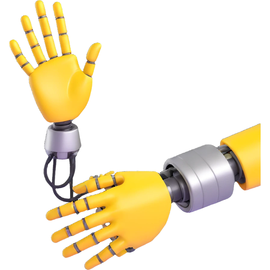 Human hand shaking robot hand, yellow human hand and metallic robot hand emoji