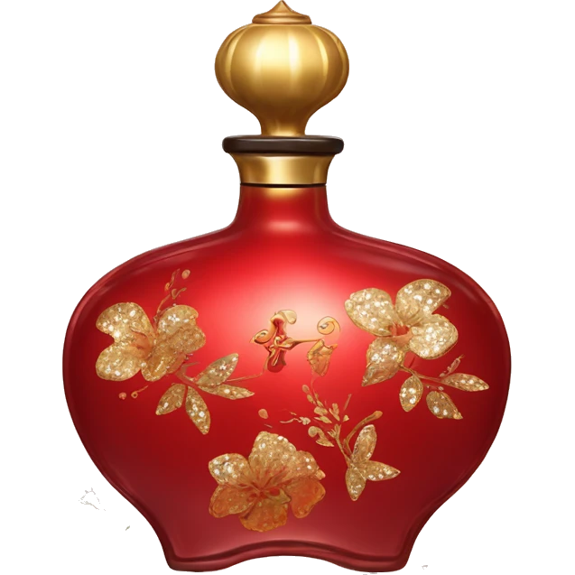An antique perfume red bottle in oriental style, oil perfumes inside, sequins and flowers flying around emoji