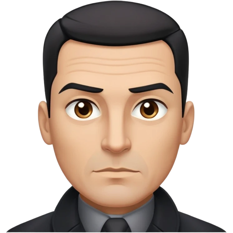 Robust athletic man in his 40s with light brown skin tone, short slicked back straight black hair with fade haircut, strong square face, thick eyebrows, wide nose, black overcoat with buttoned gray shirt visible underneath emoji