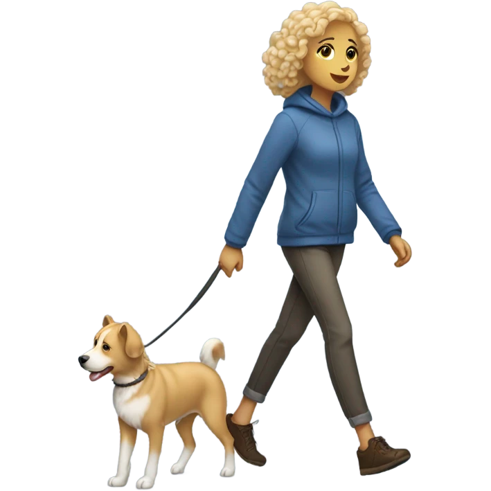 thin short woman with curly blond hair walking siberian dog emoji