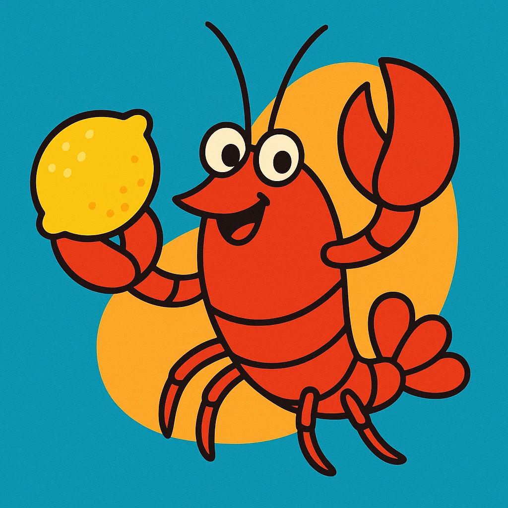 a lobster holding a lemon, cartoon style emoji