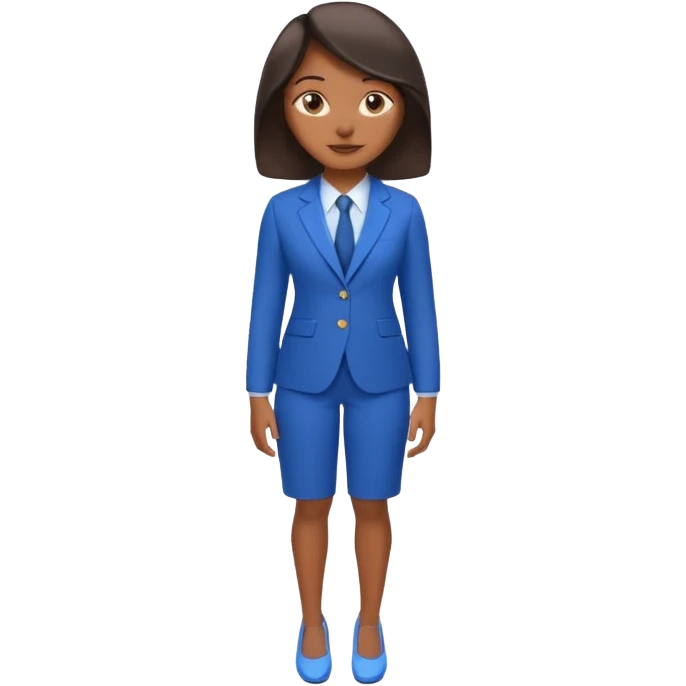 black woman in a blue smart suit and shoes, standing with hands by her side, slight smile, emoji style emoji