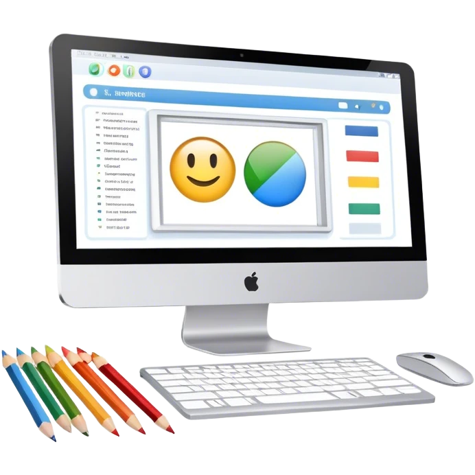 Modern icon for Web Design: a computer screen displaying a website layout, HTML code, and design tools like a pencil and color palette. Transparent background. emoji