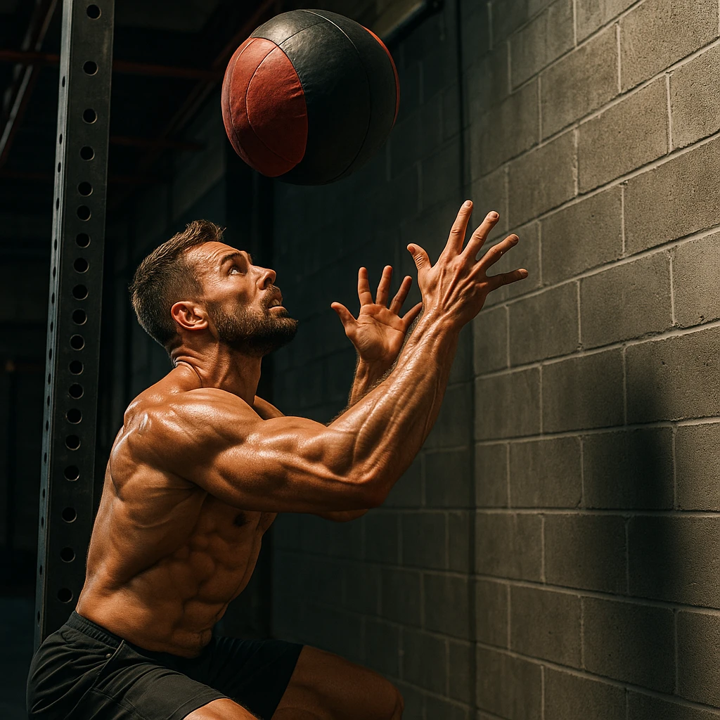realistic 4K image of a crossfit athlete training wall ball exercise, tense muscles, medicine ball in the air, dramatic lighting, bright colors, industrial gym background emoji