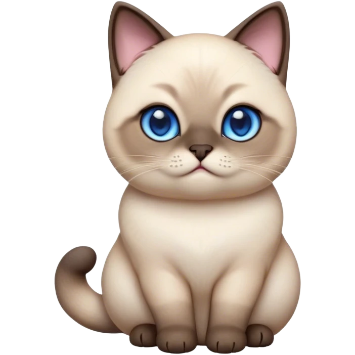 Cinematic Cute Chubby Siamese Cat Portrait Emoji, Round and plump body, soft cream-colored fur with rich dark points on the ears, face, paws, and tail, big, sparkling sapphire-blue eyes, Simplified yet irresistibly adorable features, highly detailed, glowing with a warm, cozy glow, high shine, curious yet calm, stylized with a touch of whimsy, bright and endearing, soft glowing outline, capturing the essence of a mischievous yet lazy and loveable kitty, so cuddly it feels like it could waddle right out of the screen for a snuggle! emoji