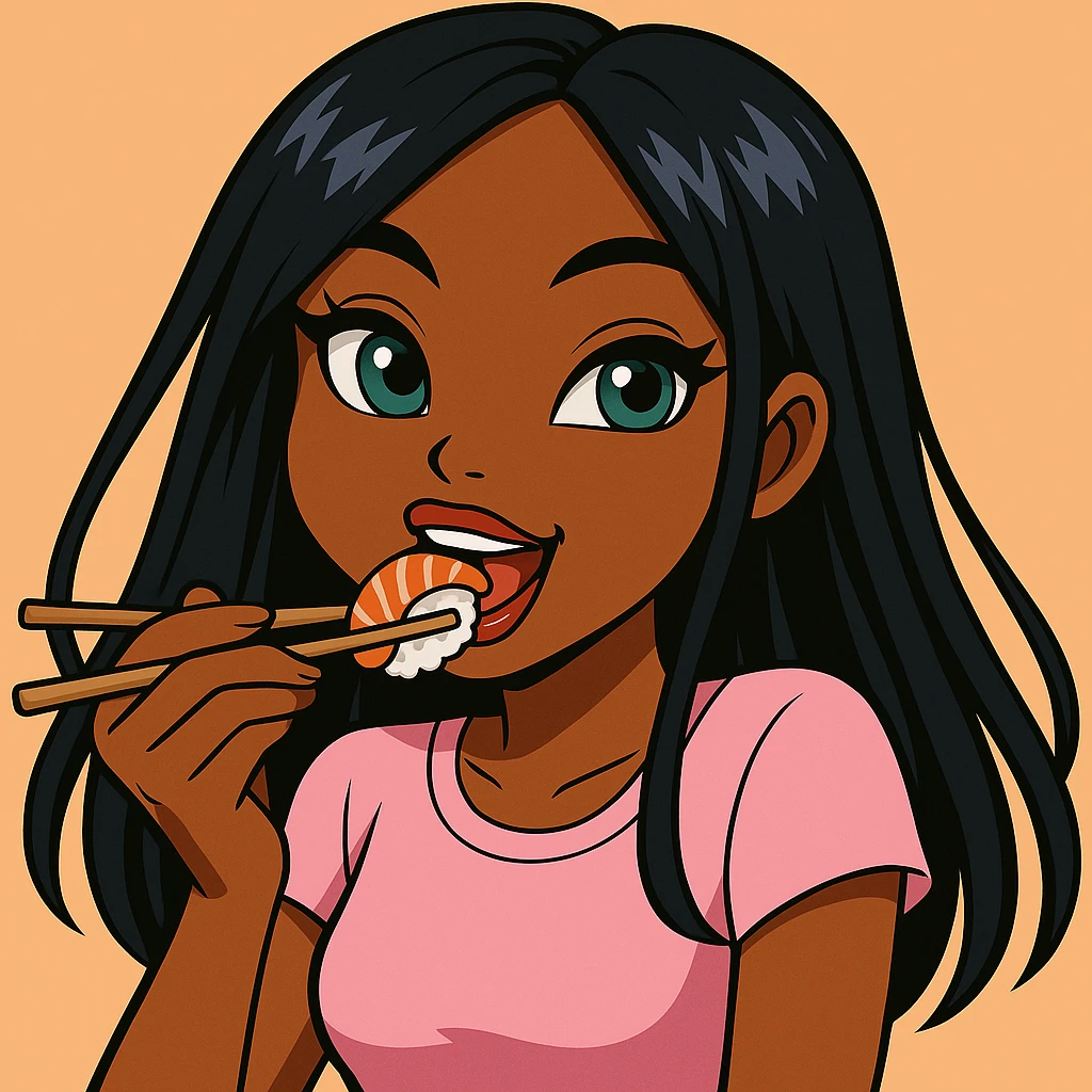 Change her pose to eating sushi with chopsticks, headshot only, 20-year-old anime Bratz style woman with dark skin, straight hair, trendy outfit, big expressive eyes, glossy lips, no hat, no tears, happy expression, both eyes open, looking straight ahead. emoji