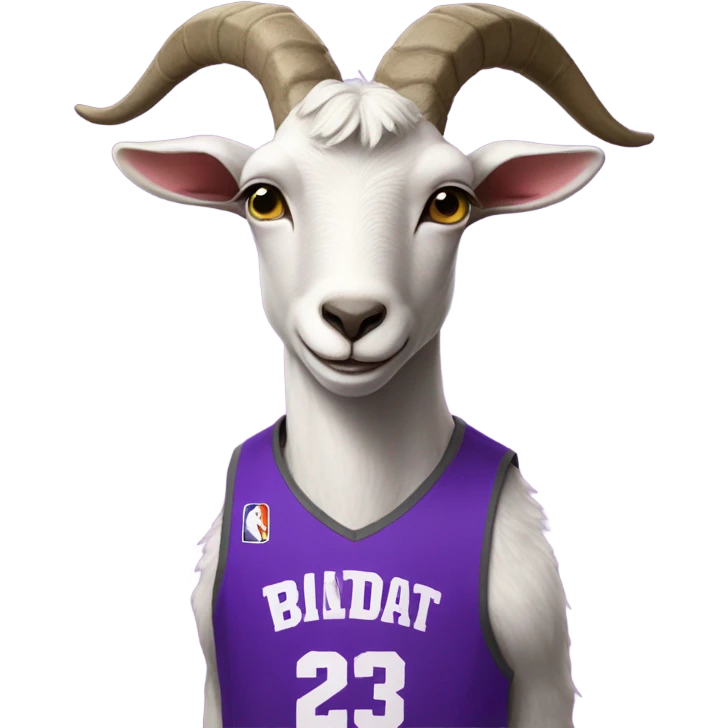 A goat with a purple basketball jersey with the number 23 emoji