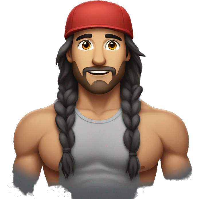 Alex Hormozi with long hair, a cap and a tank top, muscular emoji