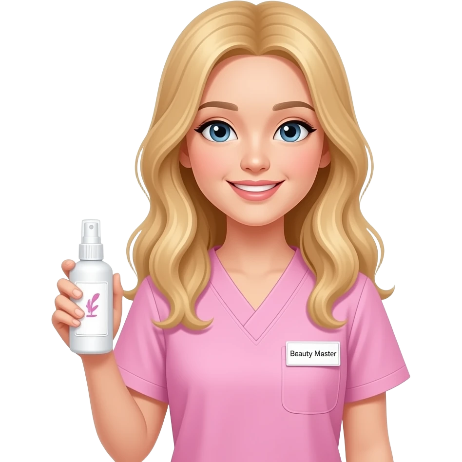 IOS emoji: asian, pretty fair-haired girl in pale pink scrubs, slight smile, holding middle white spray bottle, name tag "Бьюти Мастер". Pastel colors, clean vector, white background --ar 1:1 emoji