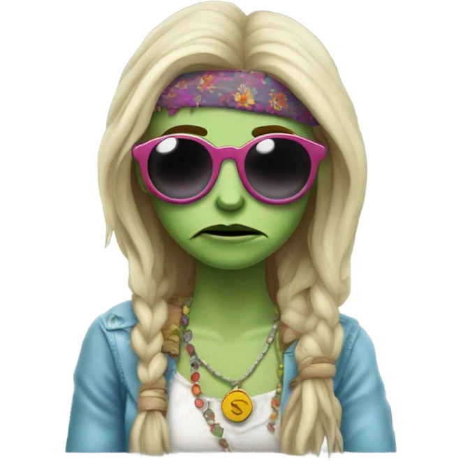 janis soplin zombie, wearing circle sunglasses in a hippie outfit emoji