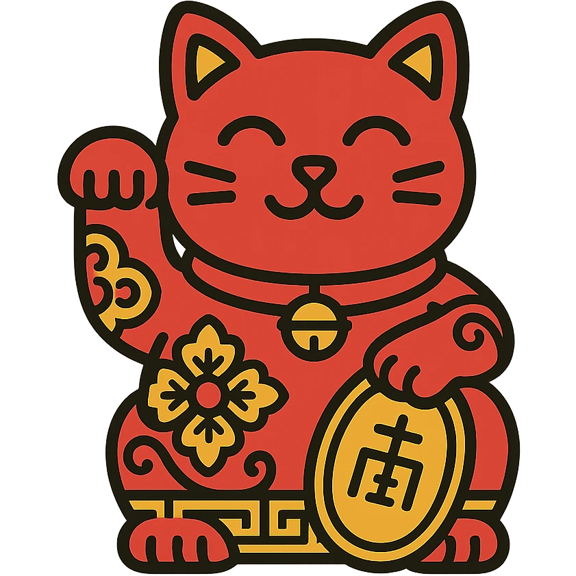Chinese style lucky cat, waving paw, ornate details, red and gold accents emoji