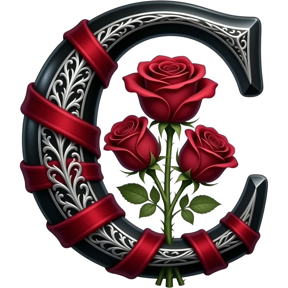 A heavy obsidian letter 'C' with silver filigree engraving. Deep red velvet roses with thorny stems wrap over the letter. Glowing moonlight effect, dark and moody atmosphere, deep glowing emoji