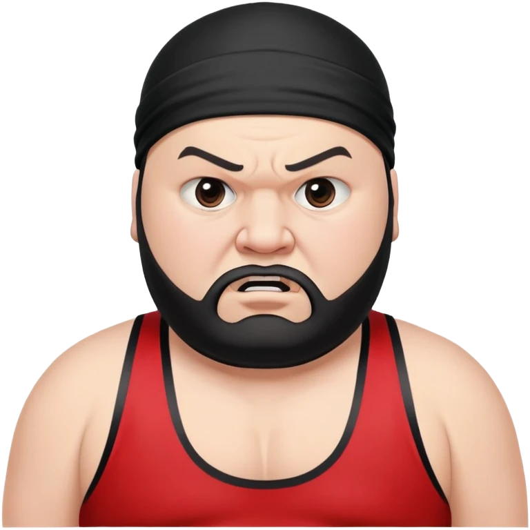 Extreme close-up of face of morbidly obese white skin guy with young face, prominent BLACK DURAG tied clearly on head, black beard but no mustache, clean shaven upper lip, black eyes in a red and black wrestling singlet with angry expression emoji