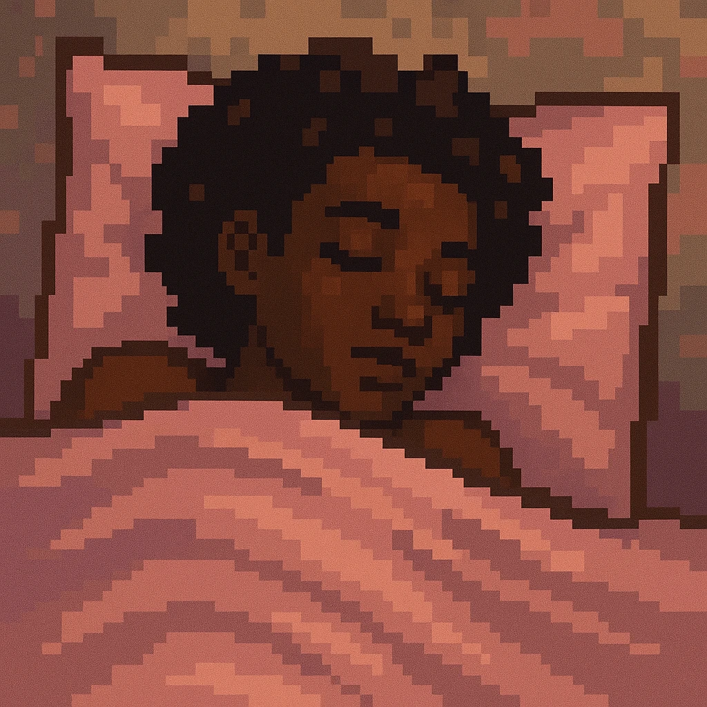 dark skin girl sleeping under pink covers, pixel art style emoji