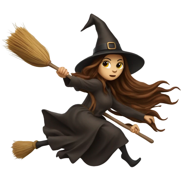 brown long hair witch flying on a broom white skin emoji