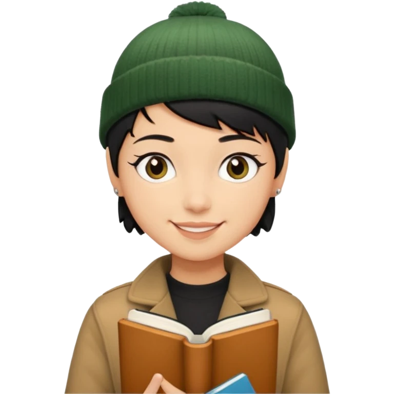 tan skin, non binary man with pixie cut black hair, wearing brown jacket and dark green beanie, smiling , holding up  book  emoji