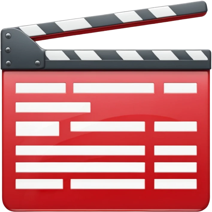 Glossy bright red clapperboard in the classic style of Apple icons: the top bar is tilted up-left, the body and bar with a deep glossy glare, dark gray edging, black background inside, perfectly square with rounded corners. 🔴🎬✨ emoji
