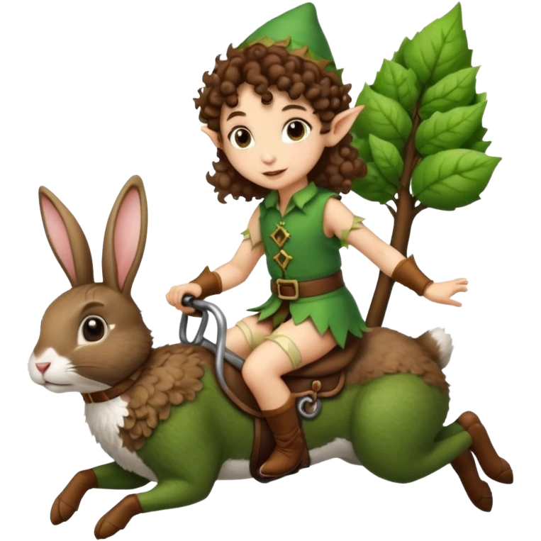 tiny forest elf short tight curly brown hair riding rabbit emoji