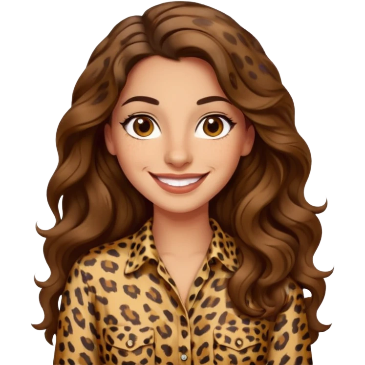 30 yr old italian woman, long brown wavy hair, big brown eyes, huge smile, leapord shirt, no bangs,  emoji