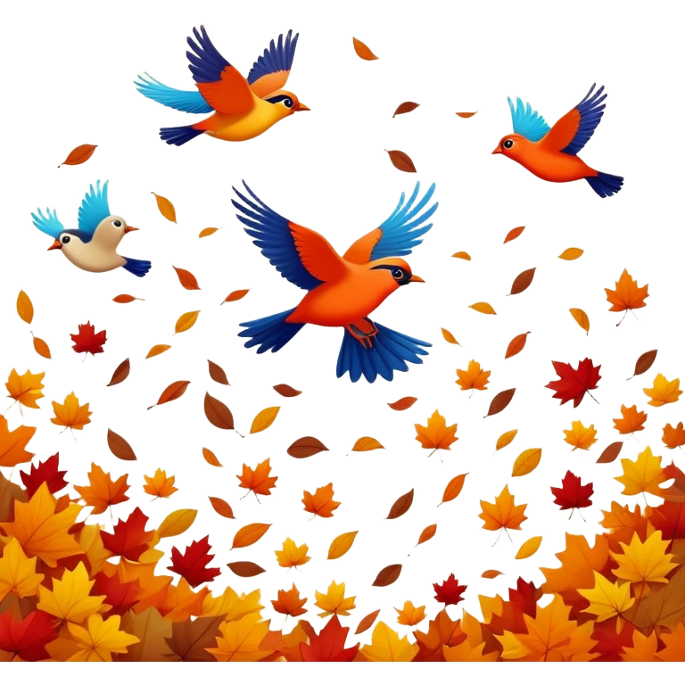 birds flying away in autumn with colorful fall leaves, simple and expressive emoji