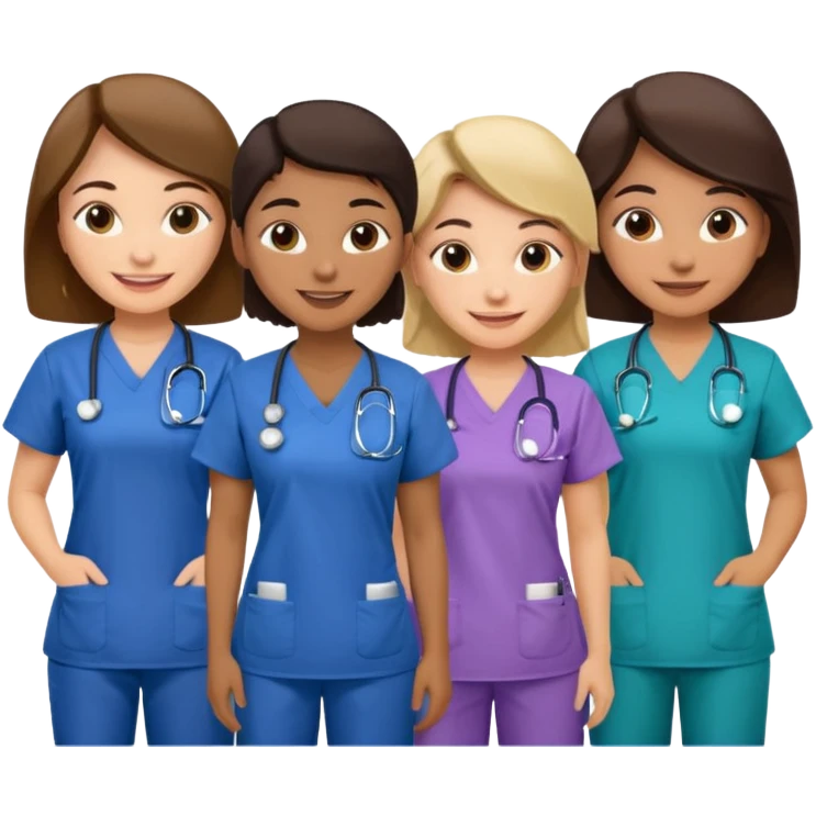 Nurses of different ethnicities in various color scrubs emoji