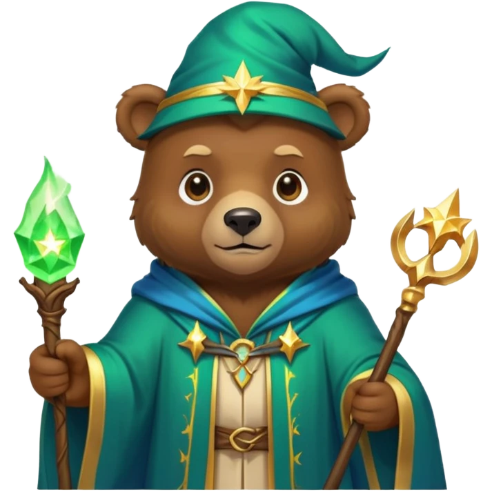 A young bear wizard with a glowing green spell, golden staff and starry blue robes emoji