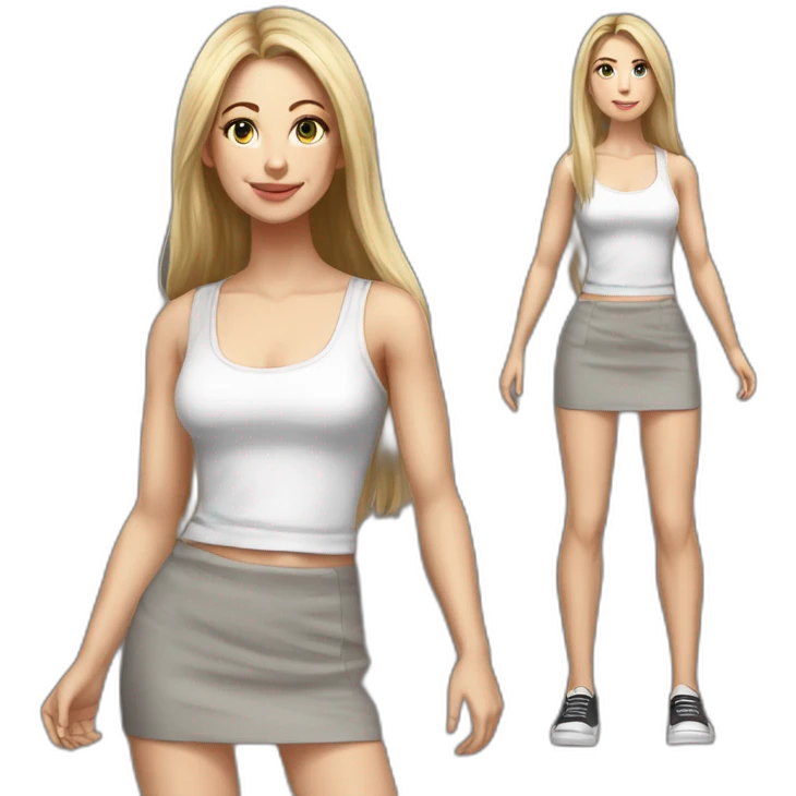 caucasian woman, with long straight hair, blonde hair, brown eyes, white tank top, gray tight mini skirt, black shoes, full body, hyperrealist drawing emoji
