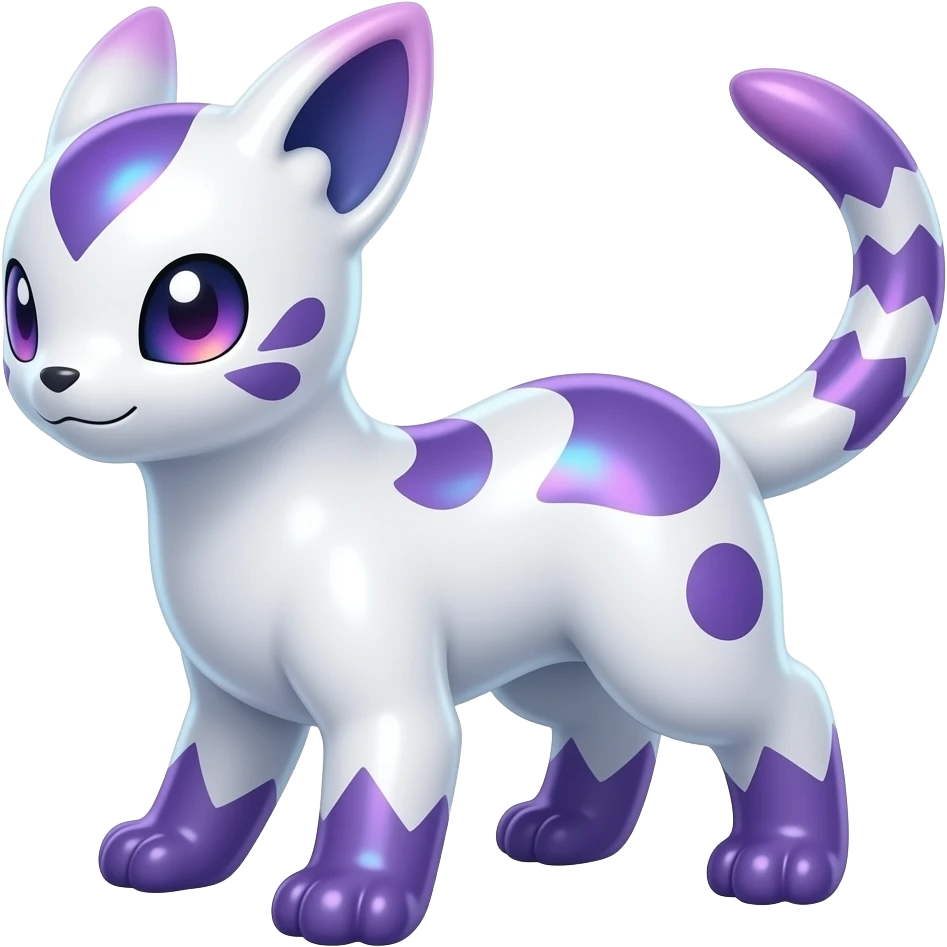 Shiny iridescent glossy oily smooth silky soft White with indigo-Violet-purple-pinkish-gradient markings beautiful handsome gorgeous aesthetic colorful vibrant Vernid-Trico-species-Fakemon-creature by LiLaiRa, 4 legs, 1 tail, random markings, (full body) emoji