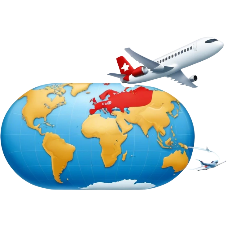 Carte du monde avec une ligne en pointillés rouge entre Fort-de France en Martinique et Paris en France avec un avion au milieu du trajet  emoji