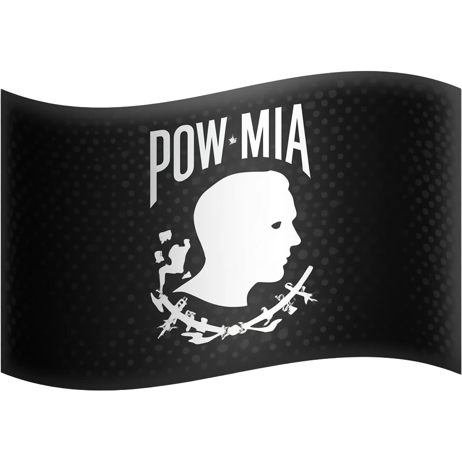 pow (prisoners of war) mia (missing in action) black flag with white graphic with side profile silhouette of a man on it flag emoji