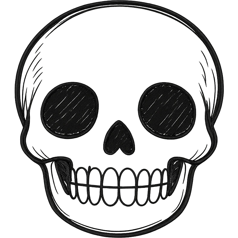 Make the skeleton head look more realistic using only black lines, no color, no shading. Keep it friendly and not scary, front view. emoji