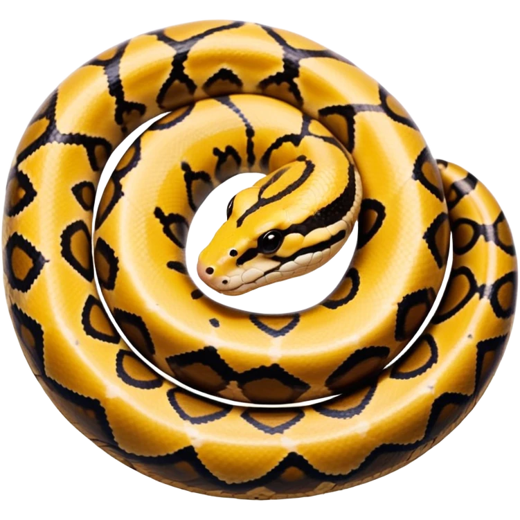 A photo-realistic top-down view of a Ball Python gently coiled into a tight spiral, with its head resting peacefully at the center. Its scales are warm brown with bold, irregular black markings, including the distinctive “alien-head” pattern, flowing smoothly along its body.  emoji