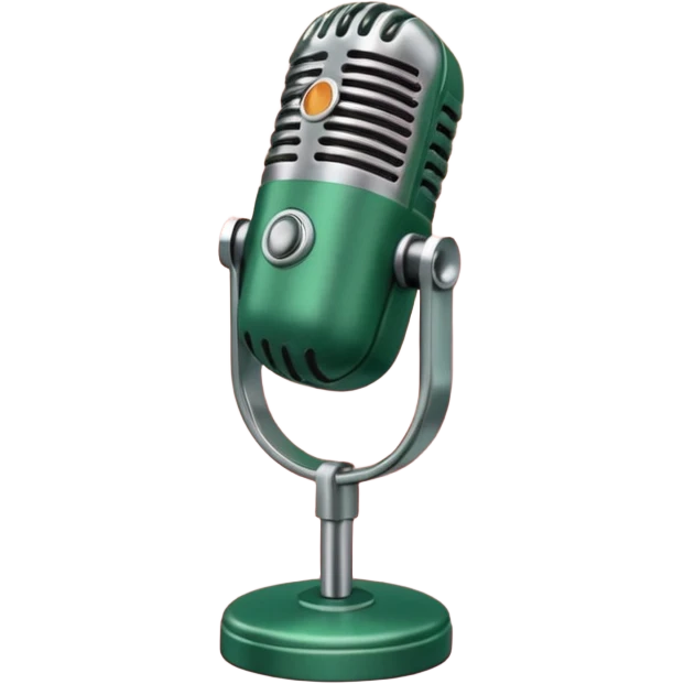 Microfono podcast vintage colorato verde scuro, rosa pastello e arancione emoji