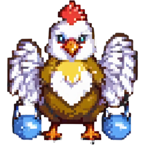 a chicken lifting tiny dumbbells, pixel art style emoji