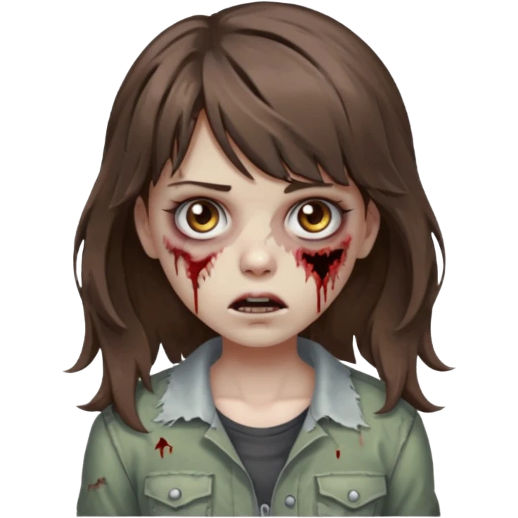 Uma menina zombie com um cabelo ondulado médio, com a franja pro lado esquerdo, o cabelo com cor castanho  emoji