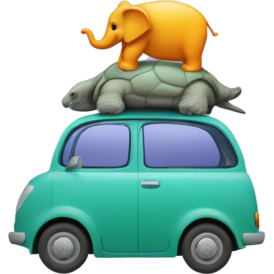 Une voiture avec un éléphant sur le capot, une tortue sur le toit , un lièvre dans le coffre et une souris qui conduit. La voiture sera de couleur violet,jaune,bleu,vert et orange emoji