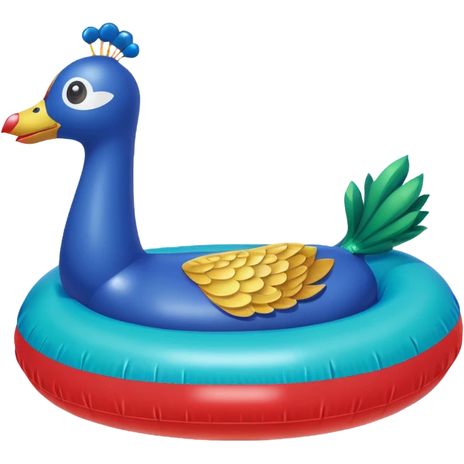Red balloon animal dog pool floatie and peacock pool floatie emoji