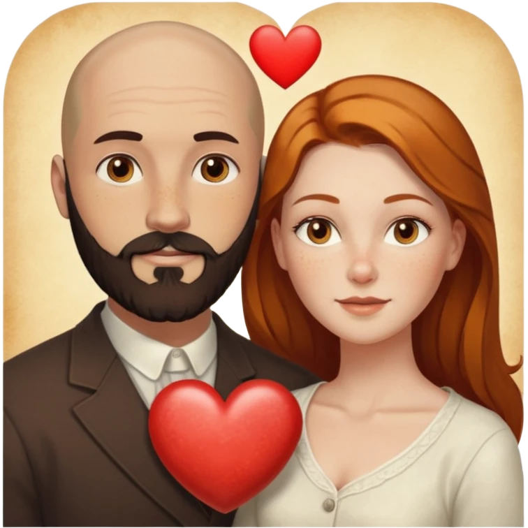 Couple. Bald man with dark brown-black beard. White woman with many small, faded freckles, white skin and she has auburn-yellow-brown-caramel, dark hair. She has light orange-brown eyes. The man have hazel eyes. They are inside one big heart. Retro style. emoji