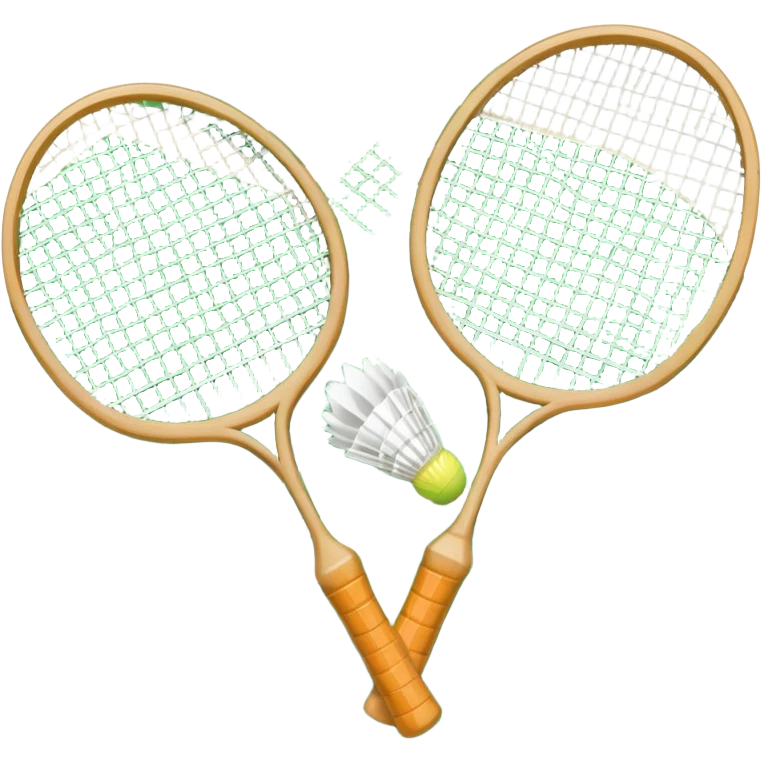 Two crossed badminton rackets with a shuttlecock resting in between, set against the faint outline of a badminton court. The image highlights the tools of the sport, with a subtle emphasis on the court's net and boundaries, symbolizing competition and skill. emoji