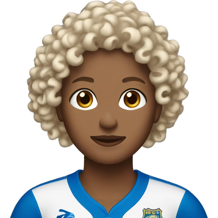 brown with blonde highlights curly haired woman with blue eyes in Wave FC jersey emoji