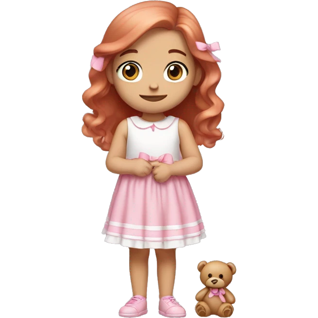 Little Girl with White skin, blue eyes. Light brown and red hair with pink bows.  She is wearing a pink and White dress, standing and holding on to a teddybear with a pink bows. emoji